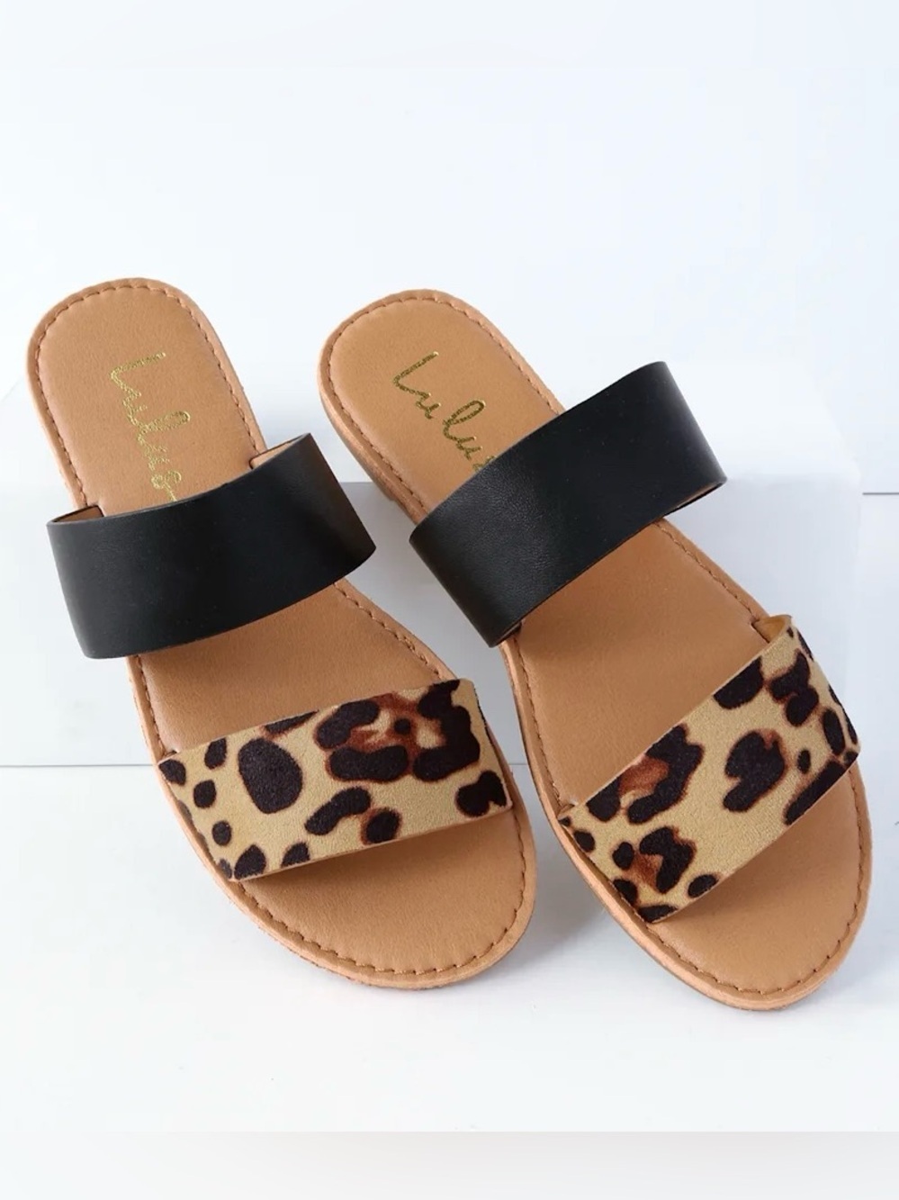 Lulus Time To Chill Leopard & Black Sandals Double Strap Slip On 7 Women’s